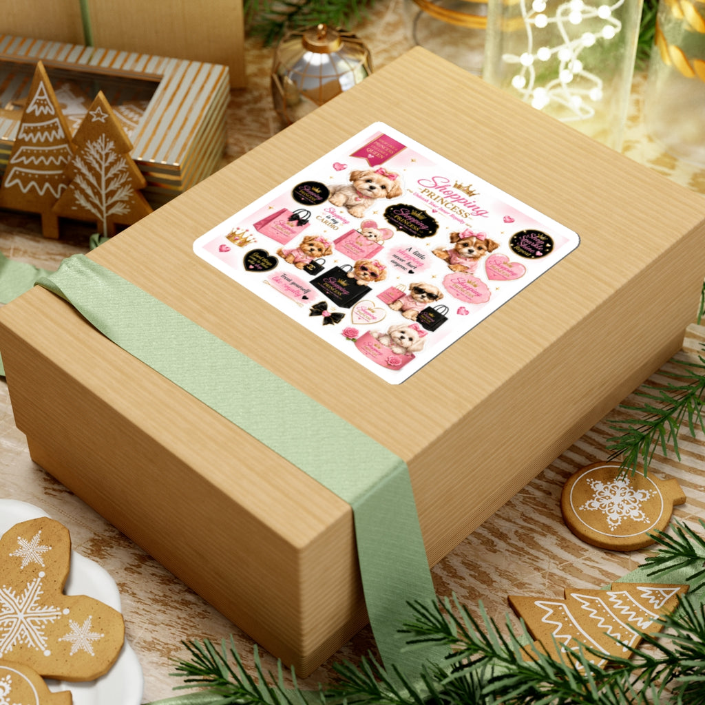 Shopping Princess Kiss-Cut Stickers — Cute Puppy, Hearts & Quotes Sticker Sheet