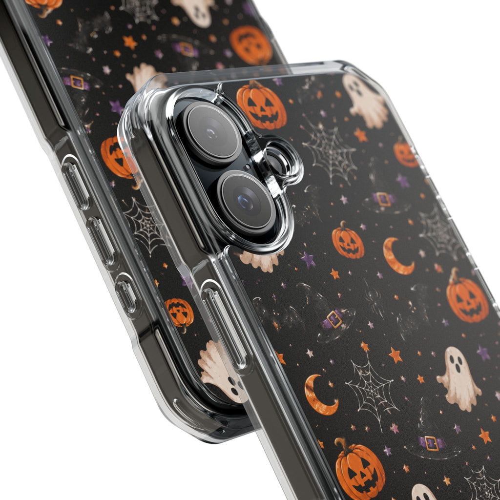 Halloween Pattern Magnetic Clear Phone Case — Ghosts, Pumpkins & Spiders