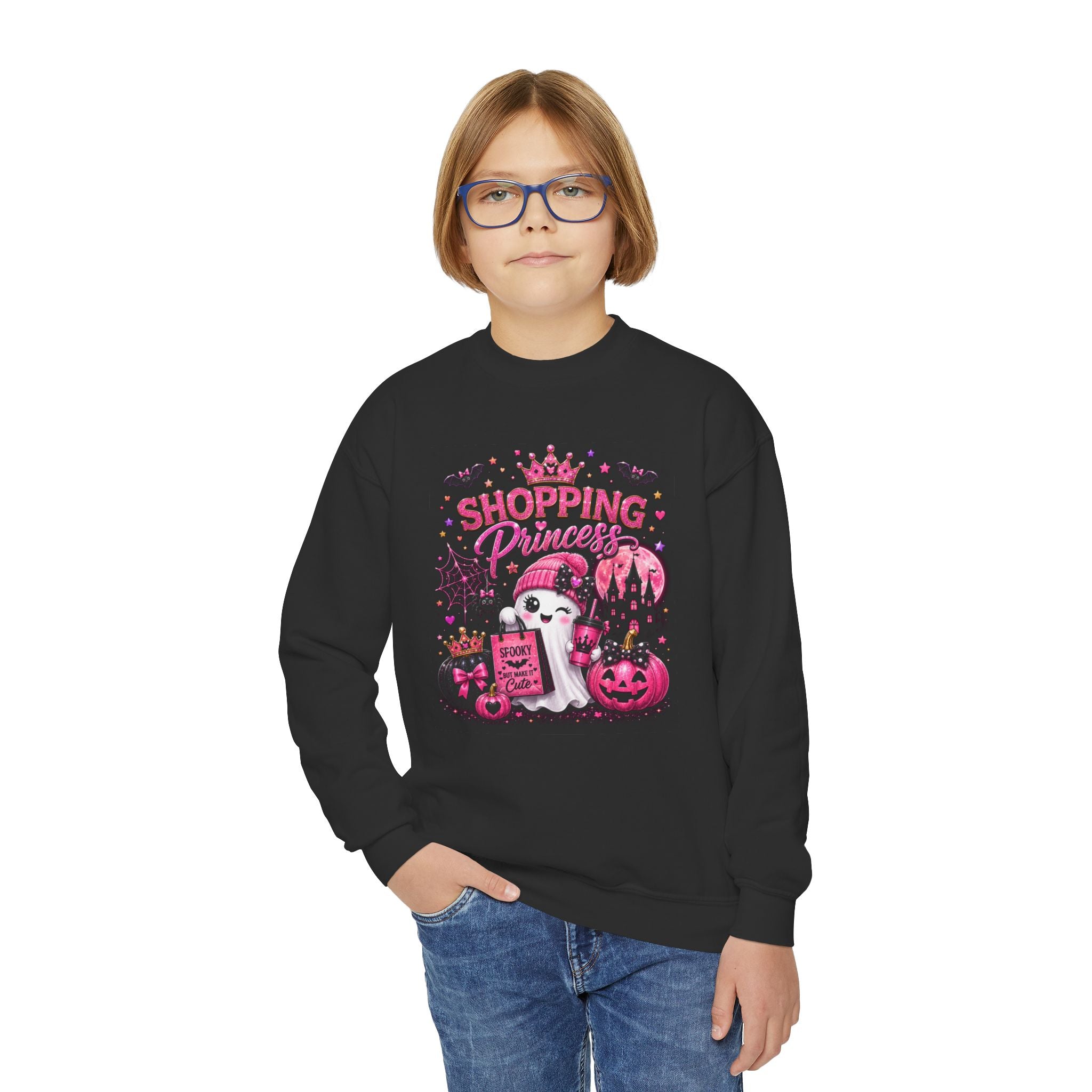 Youth Crewneck Sweatshirt — "Shopping Princess" Halloween Graphic