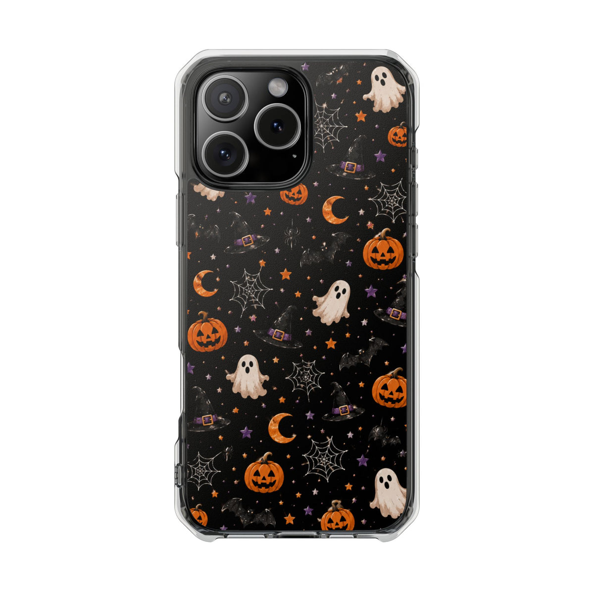 Halloween Pattern Magnetic Clear Phone Case — Ghosts, Pumpkins & Spiders