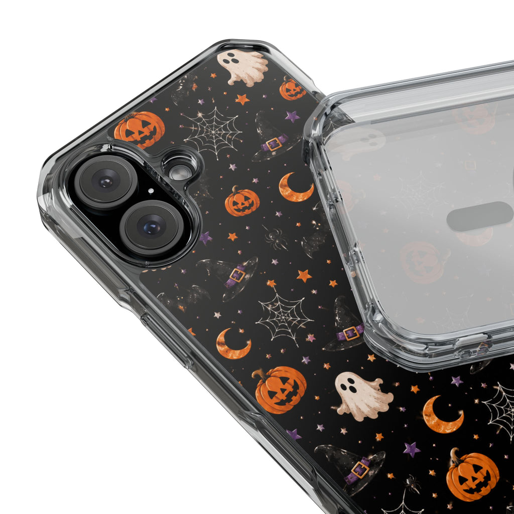 Halloween Pattern Magnetic Clear Phone Case — Ghosts, Pumpkins & Spiders