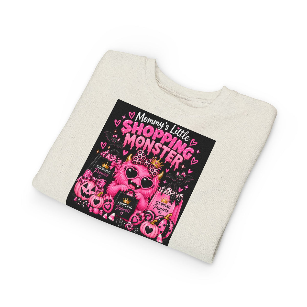 Mommy's Little Shopping Monster Toddler Sweatshirt — Cute Pink Halloween Graphic