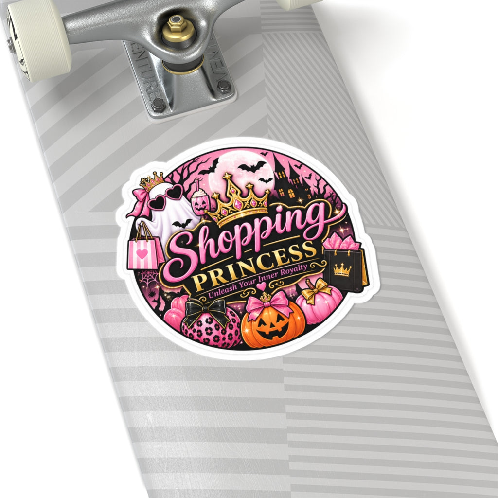 Shopping Princess Kiss-Cut Sticker — Pink Halloween Princess Crown, Pumpkin & 'Unleash Your Inner Royalty'
