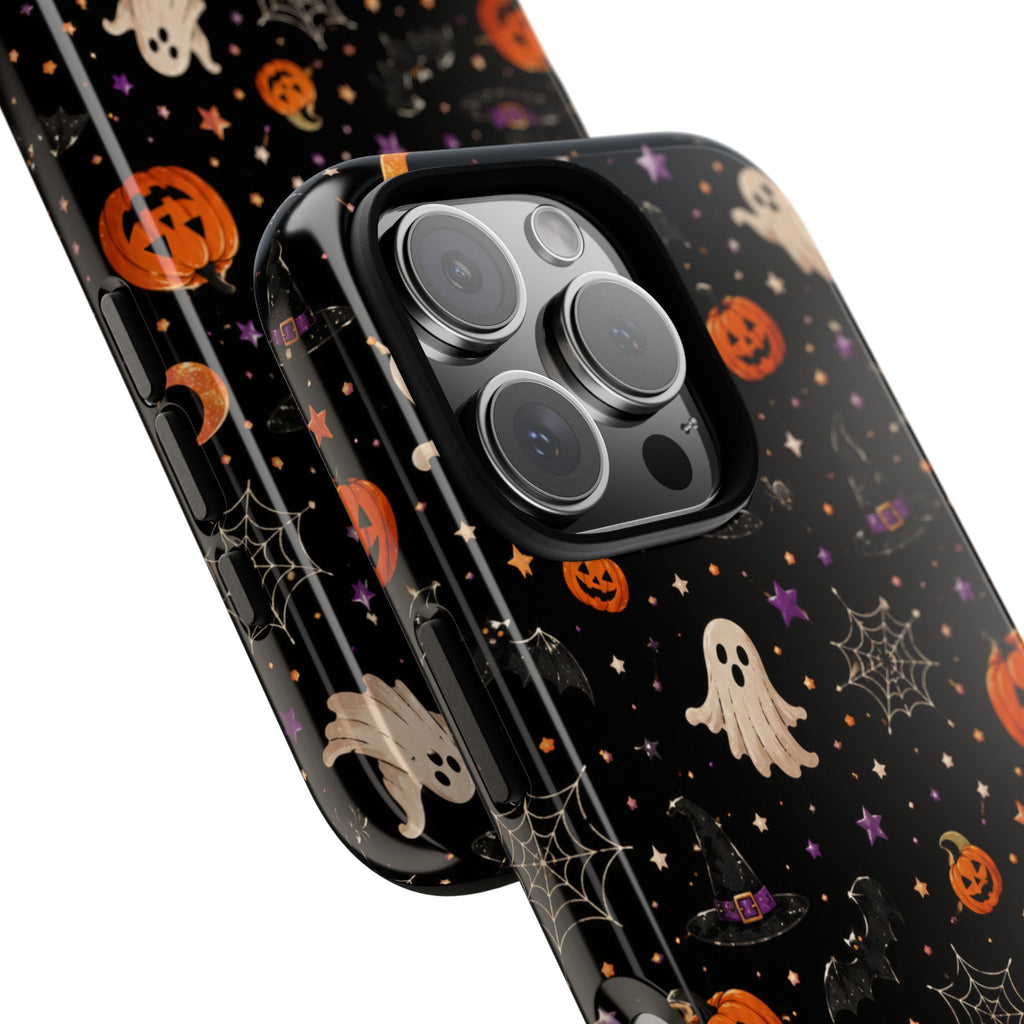 Halloween Spooky Pattern Phone Case — Ghosts, Pumpkins & Spiderweb iPhone Cover