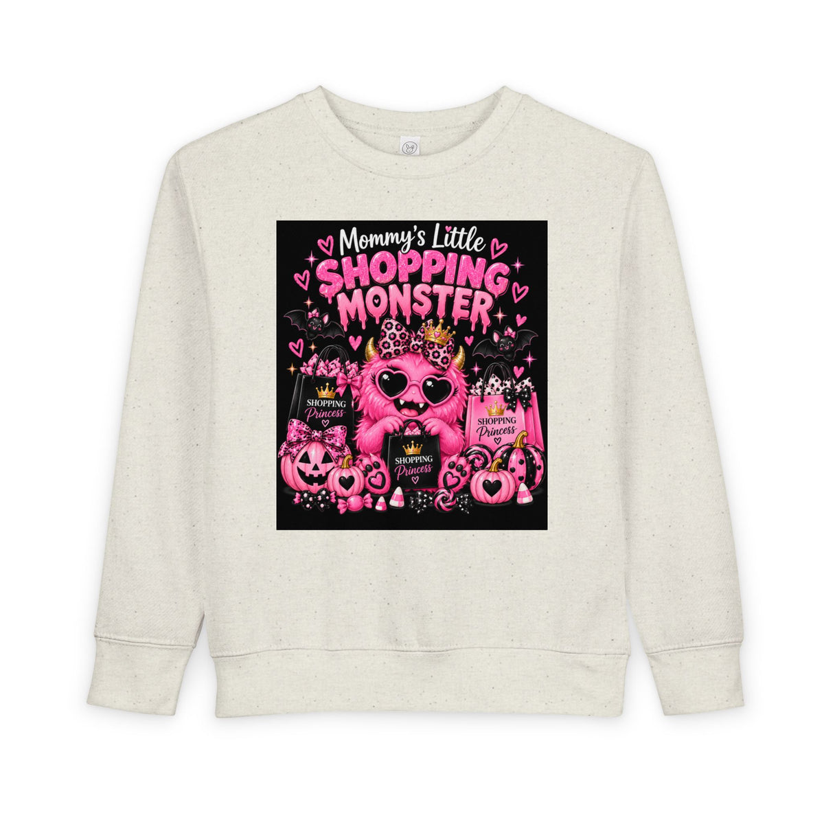 Mommy's Little Shopping Monster Toddler Sweatshirt — Cute Pink Halloween Graphic