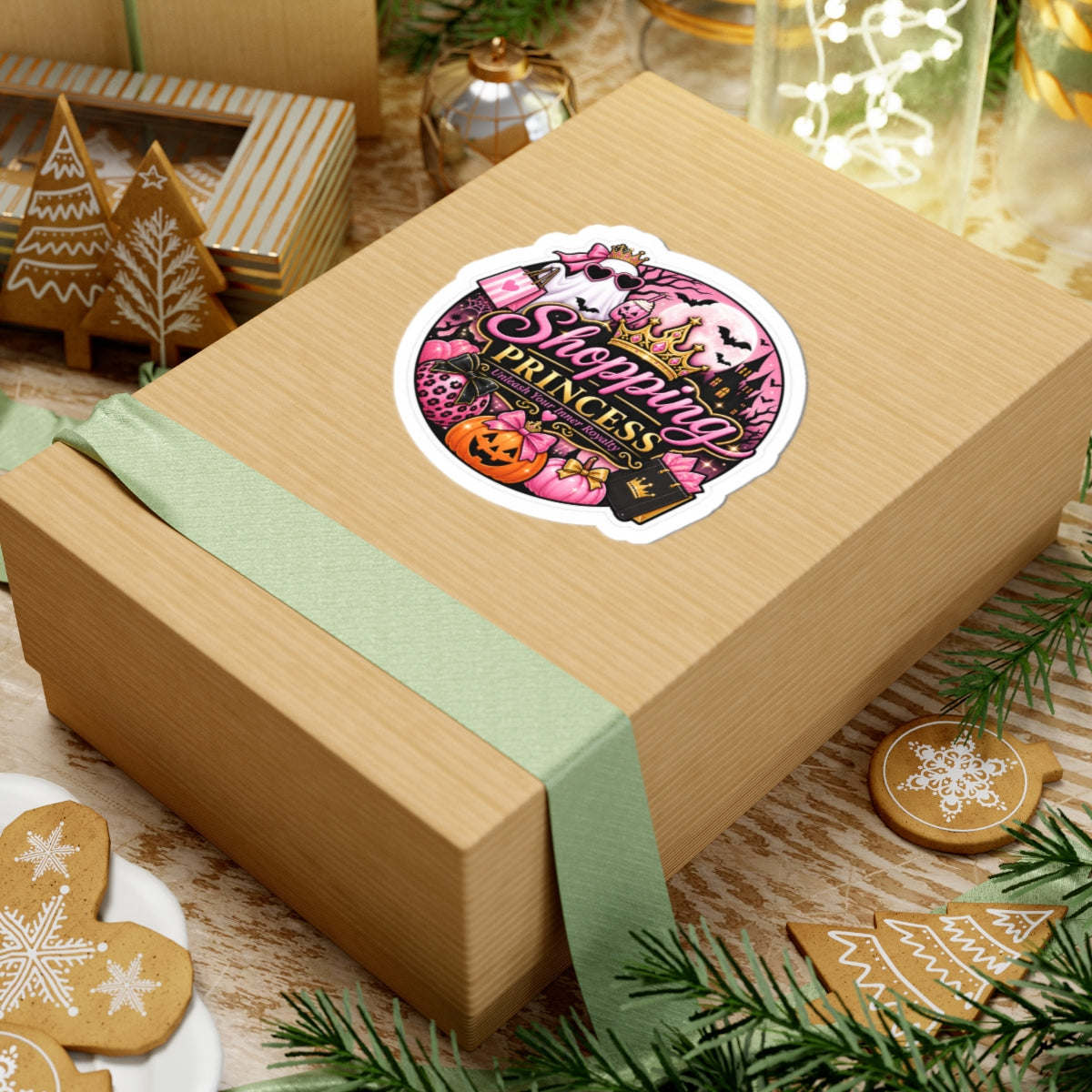 Shopping Princess Kiss-Cut Sticker — Pink Halloween Princess Crown, Pumpkin & 'Unleash Your Inner Royalty'