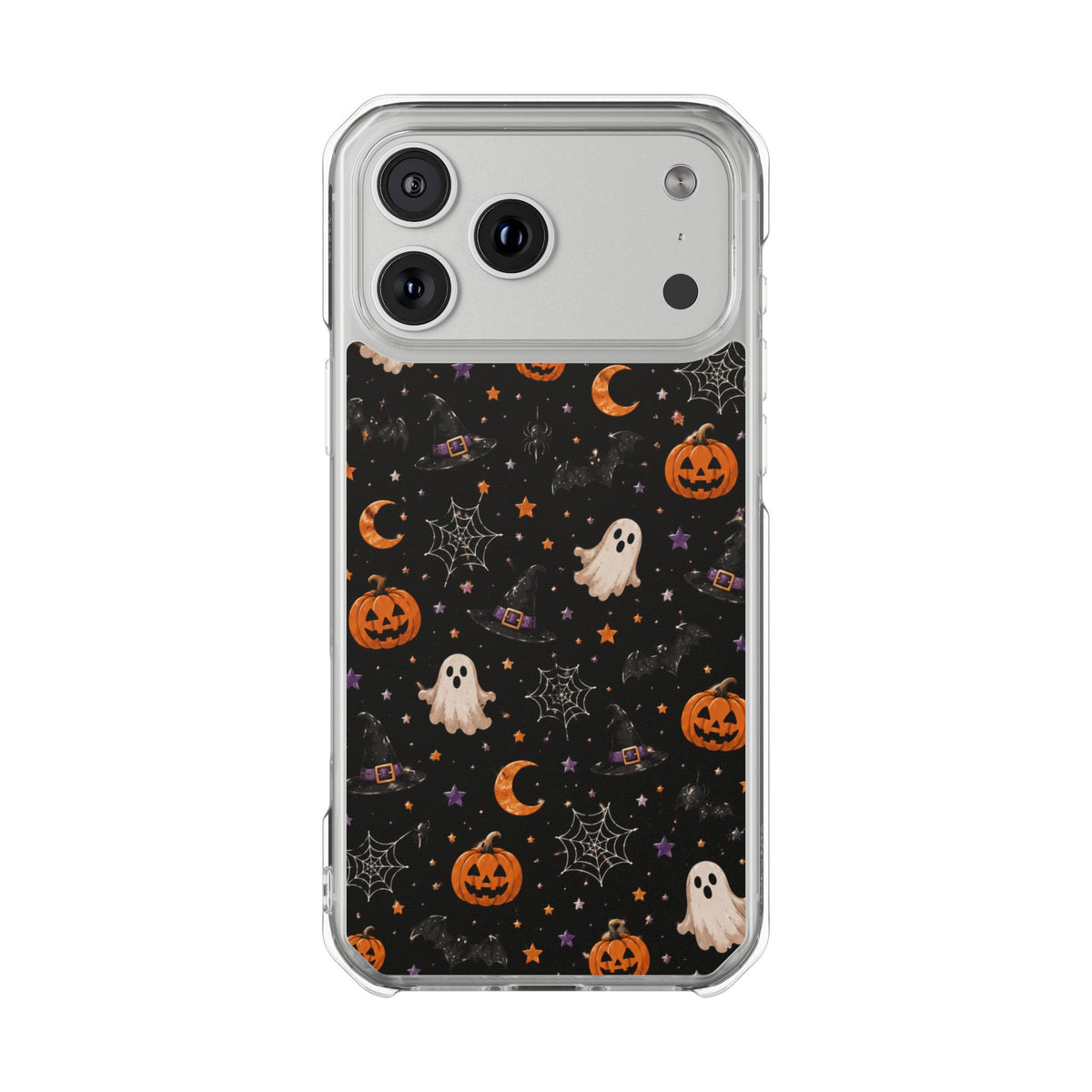 Halloween Pattern Magnetic Clear Phone Case — Ghosts, Pumpkins & Spiders