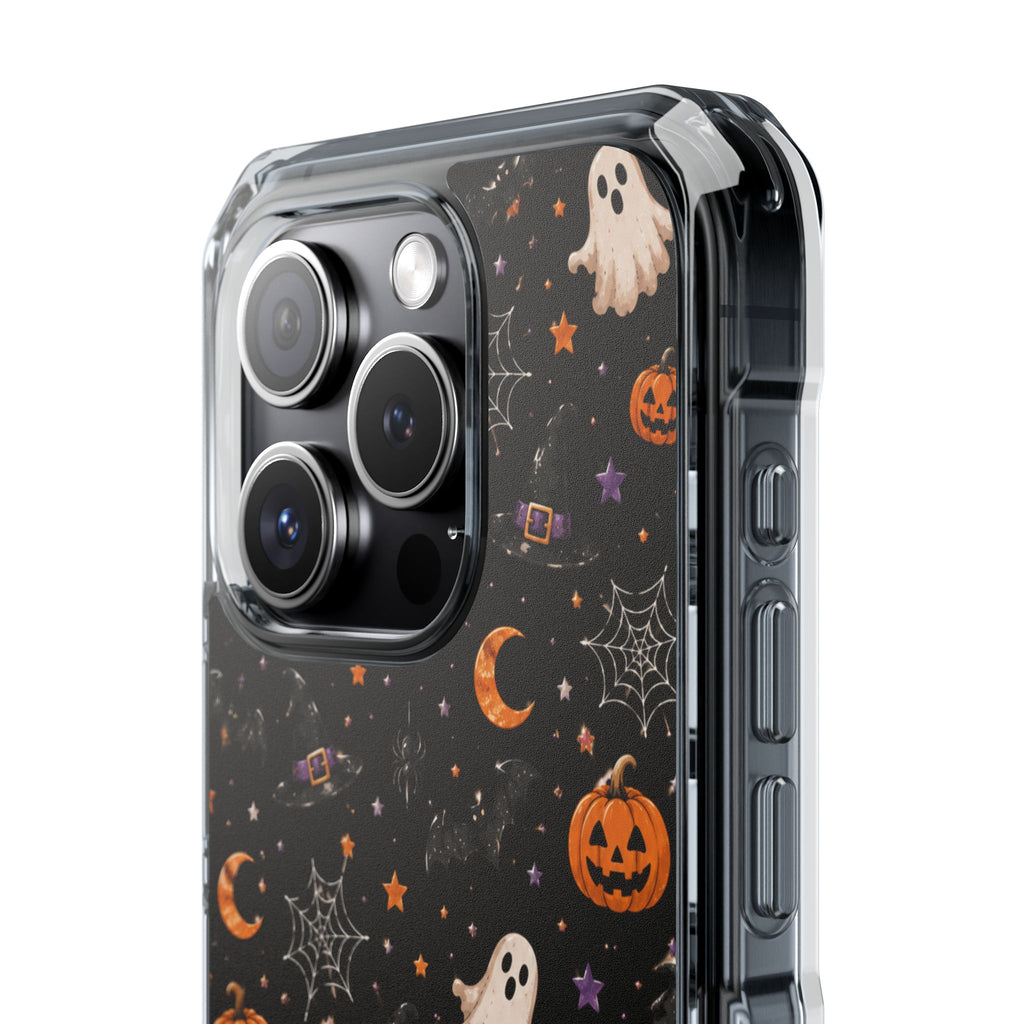 Halloween Pattern Magnetic Clear Phone Case — Ghosts, Pumpkins & Spiders