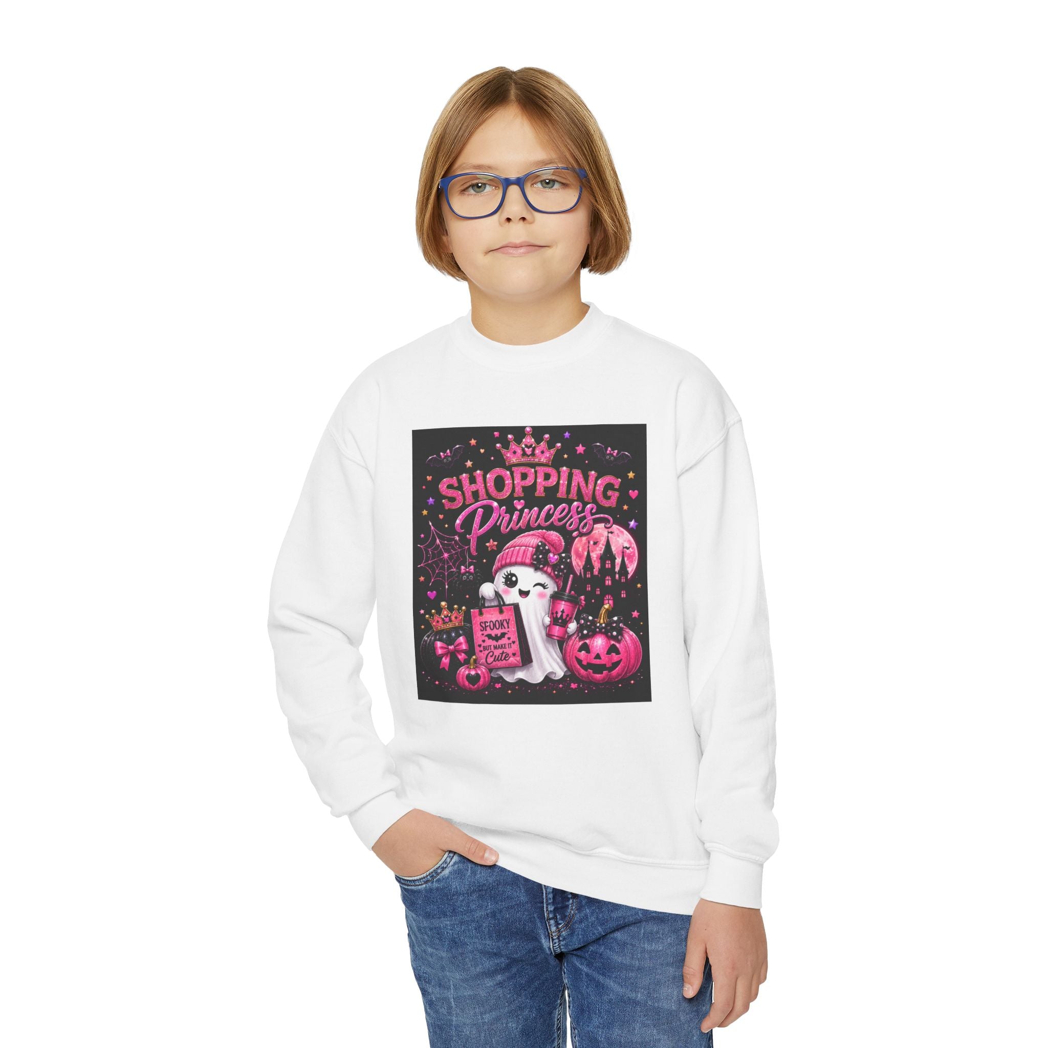 Youth Crewneck Sweatshirt — "Shopping Princess" Halloween Graphic