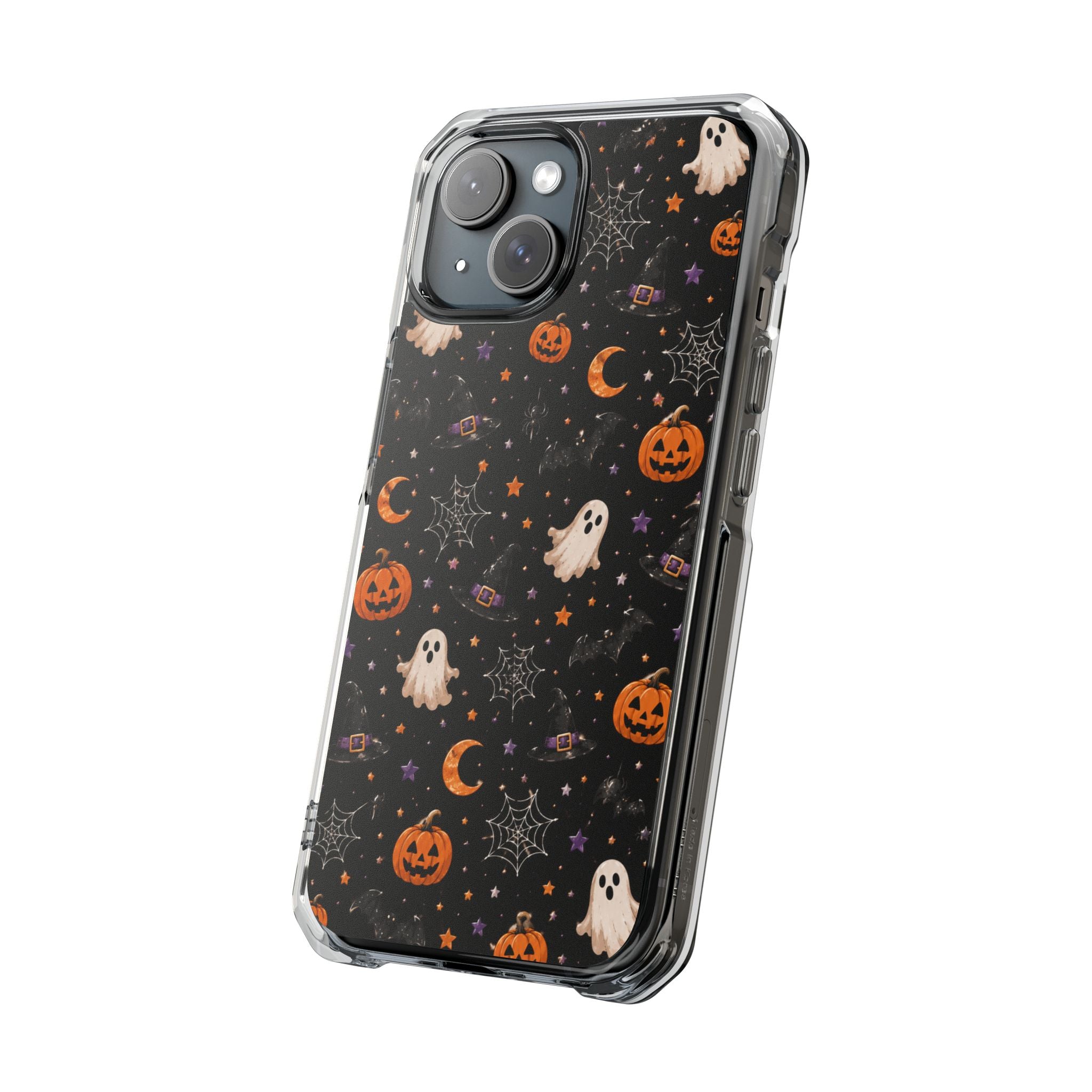 Halloween Pattern Magnetic Clear Phone Case — Ghosts, Pumpkins & Spiders