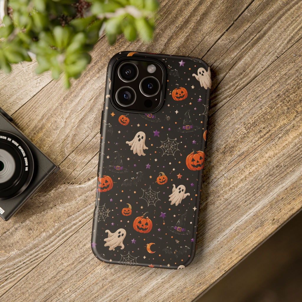Halloween Spooky Pattern Phone Case — Ghosts, Pumpkins & Spiderweb iPhone Cover