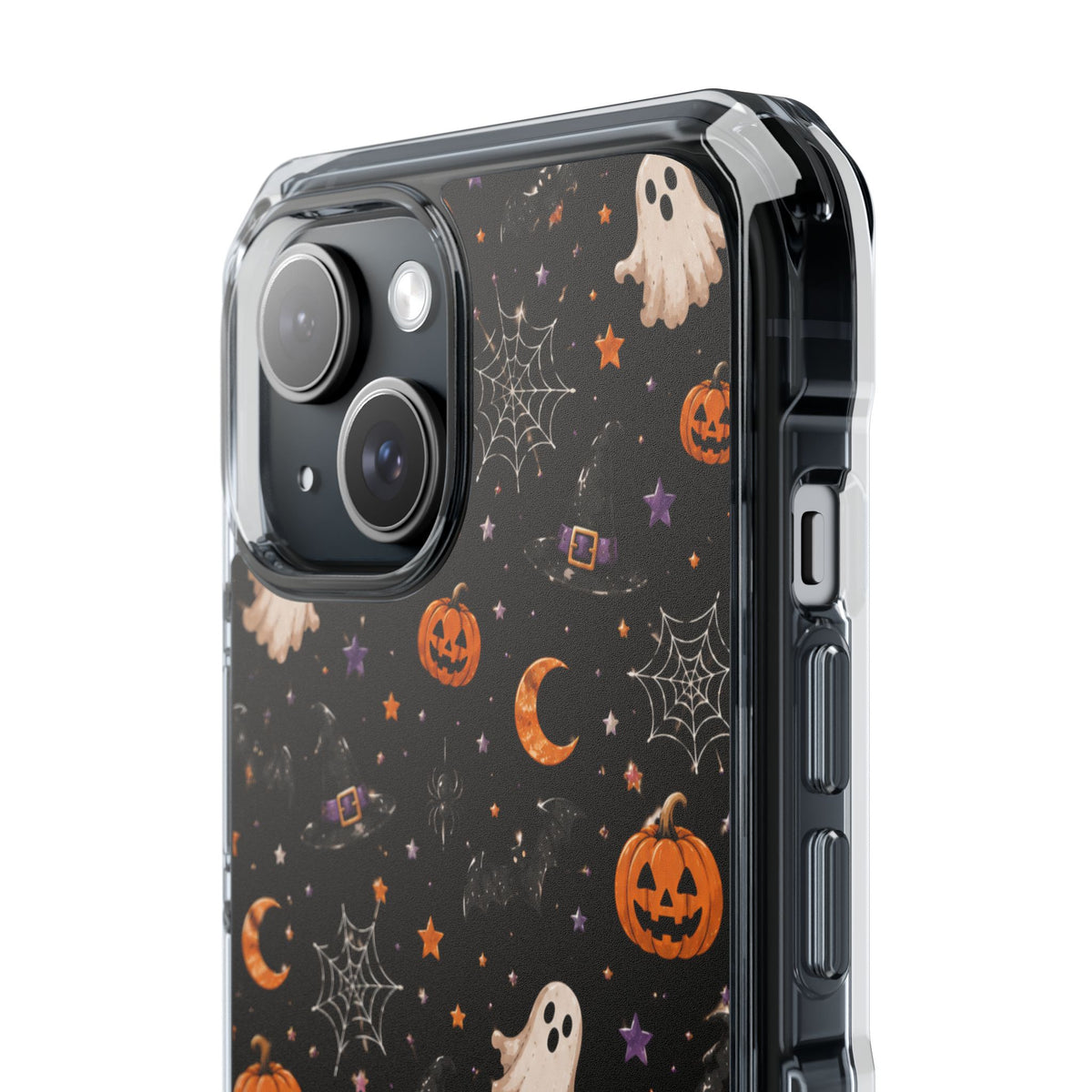 Halloween Pattern Magnetic Clear Phone Case — Ghosts, Pumpkins & Spiders