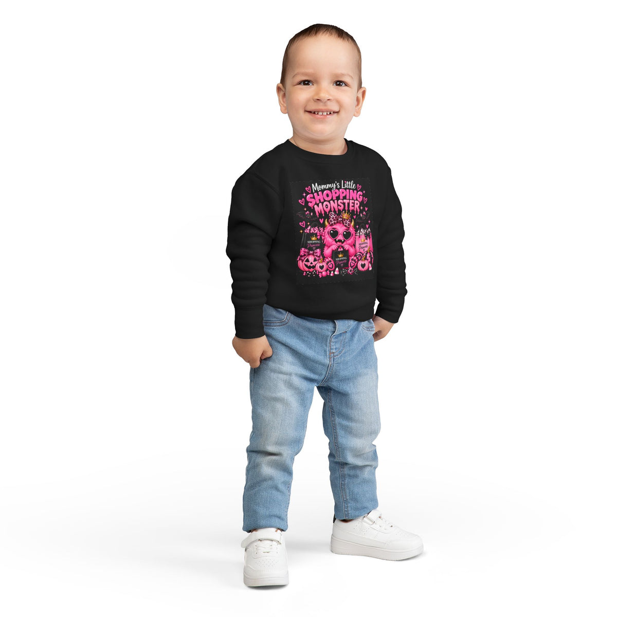 Mommy's Little Shopping Monster Toddler Sweatshirt — Cute Pink Halloween Graphic