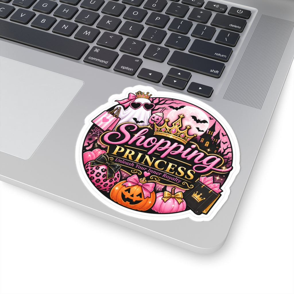 Shopping Princess Kiss-Cut Sticker — Pink Halloween Princess Crown, Pumpkin & 'Unleash Your Inner Royalty'