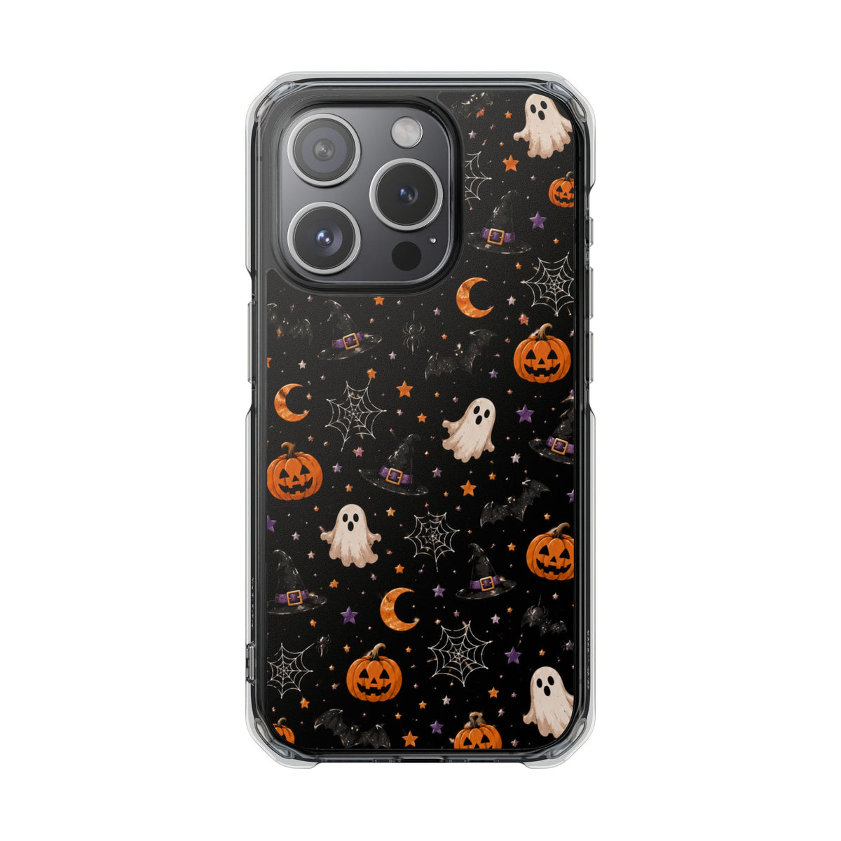 Halloween Pattern Magnetic Clear Phone Case — Ghosts, Pumpkins & Spiders
