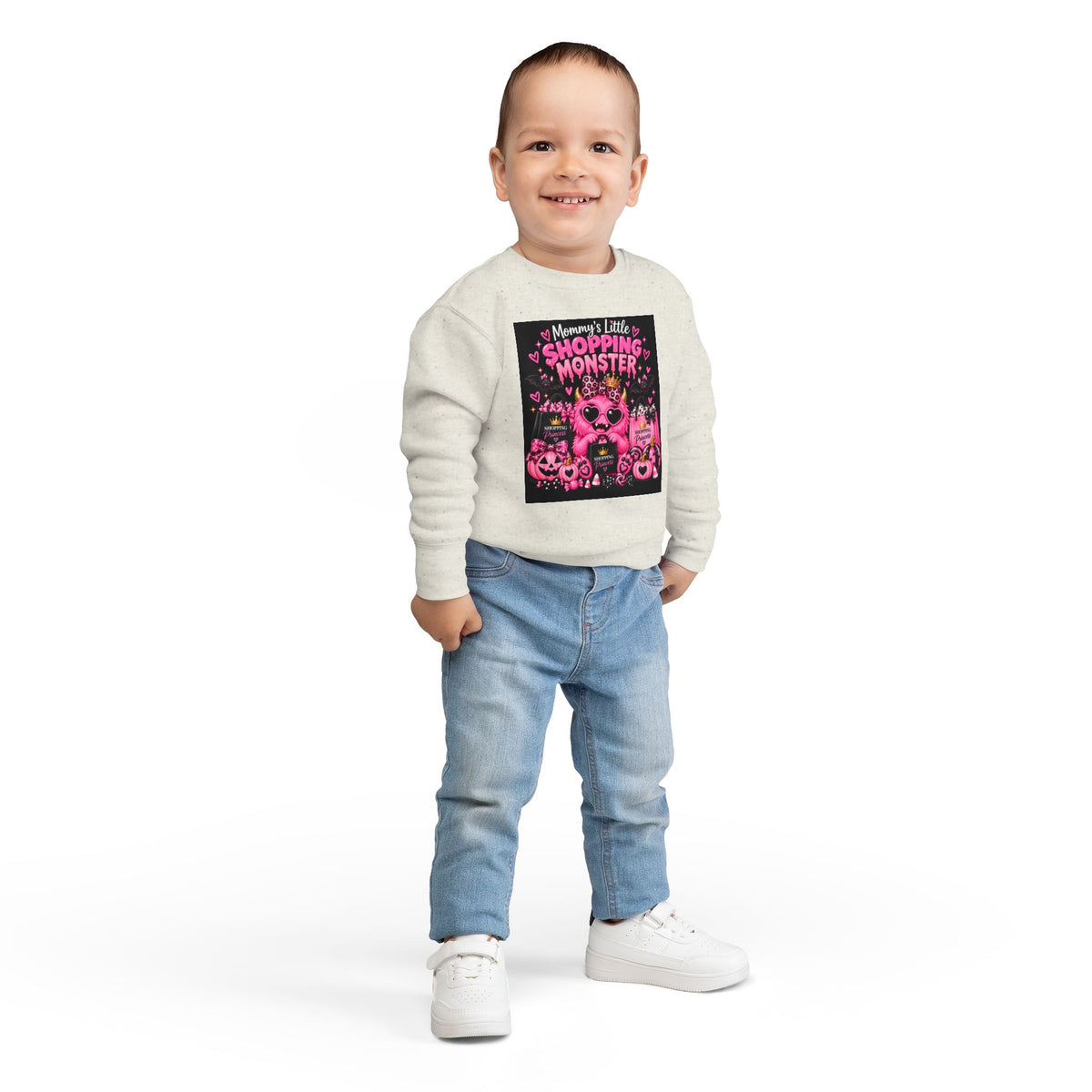 Mommy's Little Shopping Monster Toddler Sweatshirt — Cute Pink Halloween Graphic