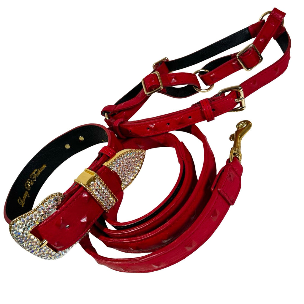 Bella Rosso Swarovski Crystal Collar Leash & Harness Luxe Set