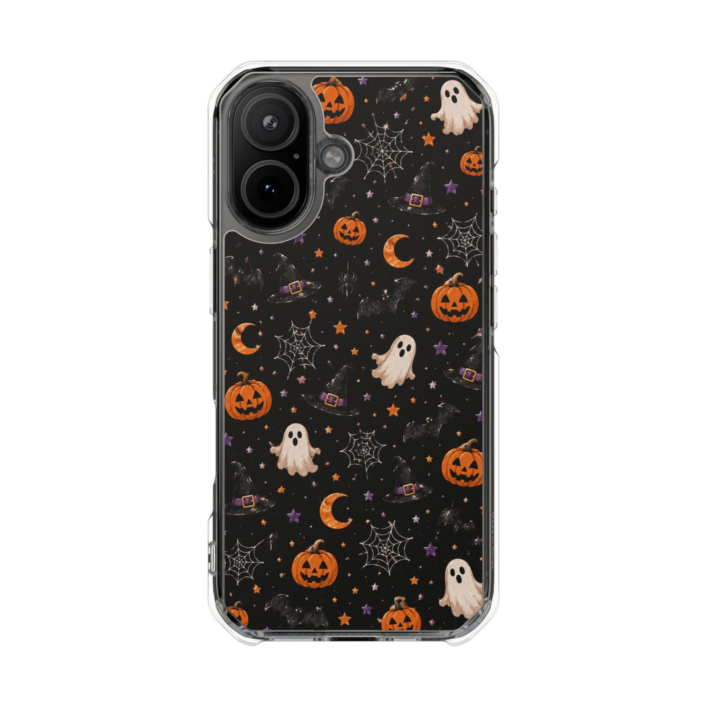Halloween Pattern Magnetic Clear Phone Case — Ghosts, Pumpkins & Spiders