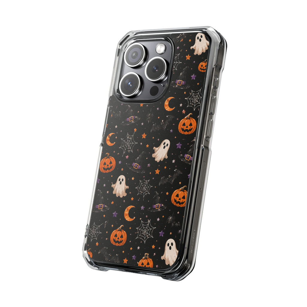 Halloween Pattern Magnetic Clear Phone Case — Ghosts, Pumpkins & Spiders
