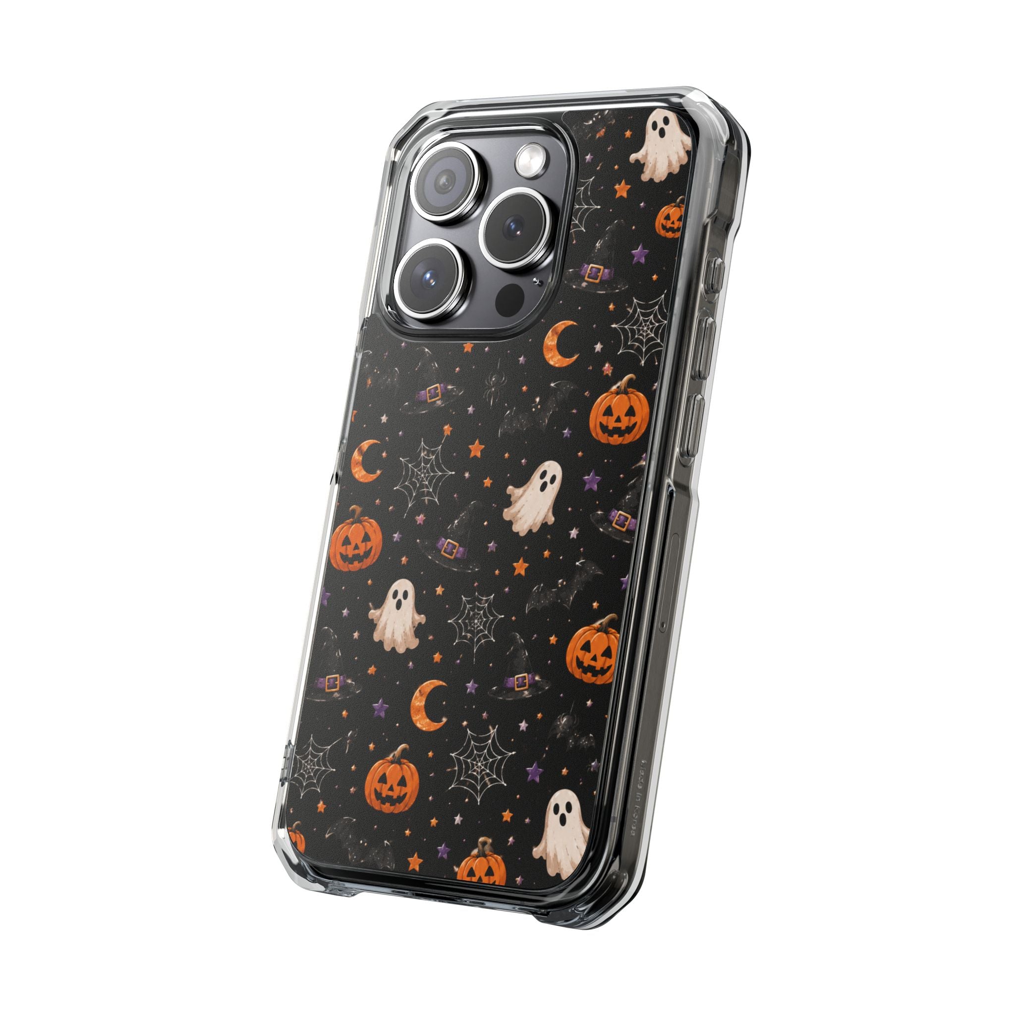 Halloween Pattern Magnetic Clear Phone Case — Ghosts, Pumpkins & Spiders