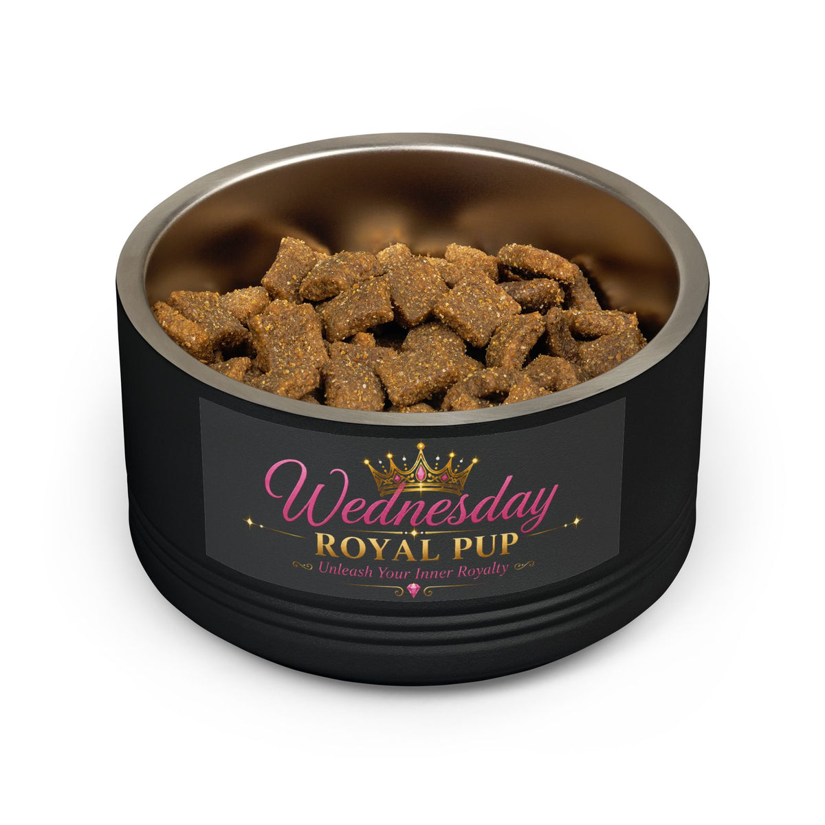 Royal Pup Stainless Steel Pet Bowl — 18oz 'Wednesday' & 'Shopping Princess' Crown Designs