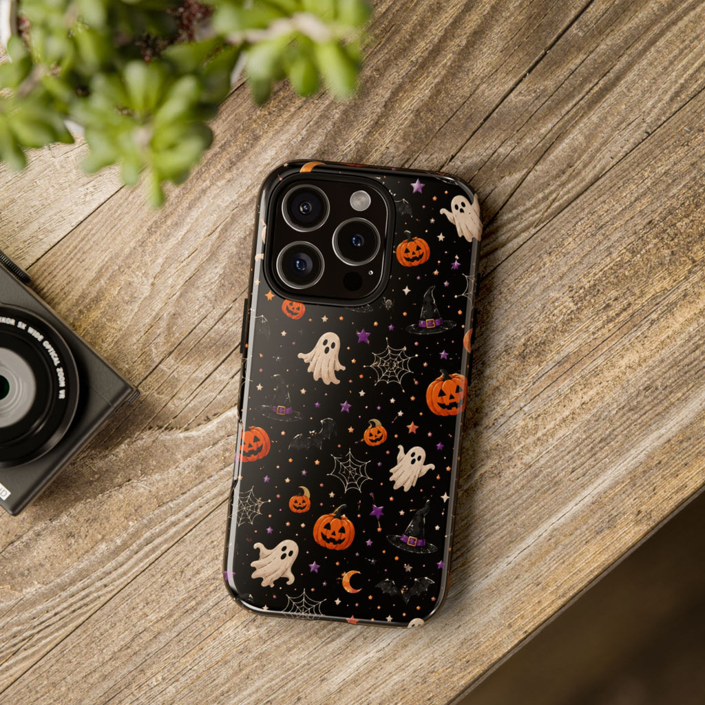 Halloween Spooky Pattern Phone Case — Ghosts, Pumpkins & Spiderweb iPhone Cover