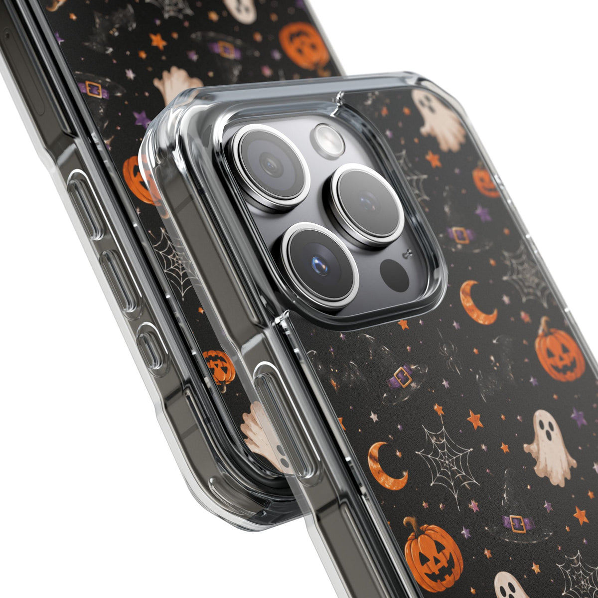 Halloween Pattern Magnetic Clear Phone Case — Ghosts, Pumpkins & Spiders