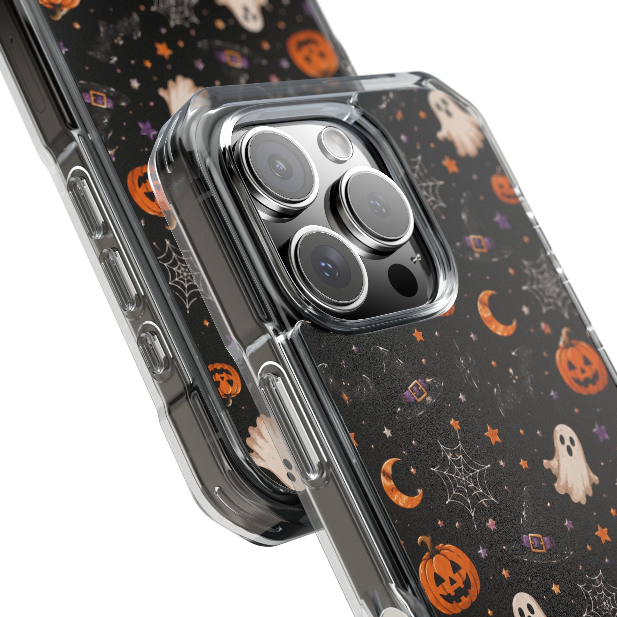 Halloween Pattern Magnetic Clear Phone Case — Ghosts, Pumpkins & Spiders