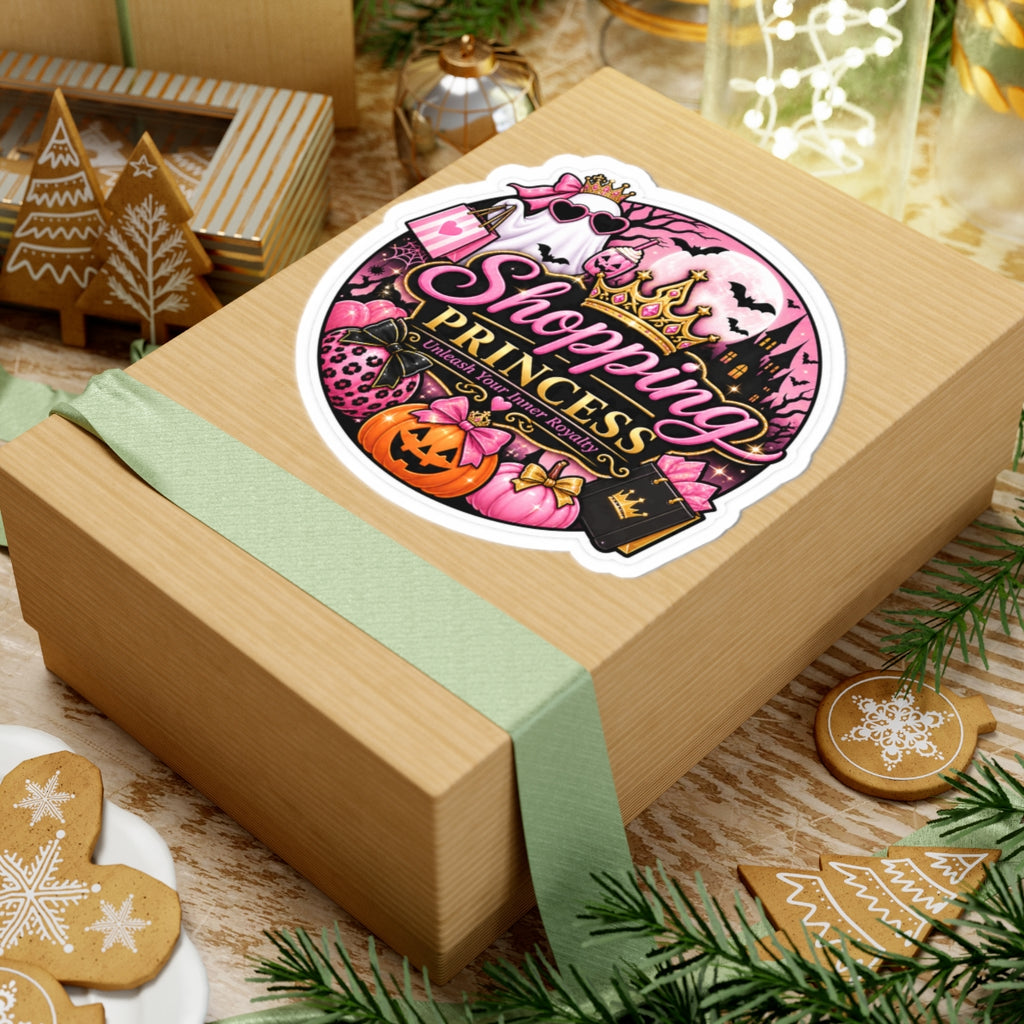 Shopping Princess Kiss-Cut Sticker — Pink Halloween Princess Crown, Pumpkin & 'Unleash Your Inner Royalty'