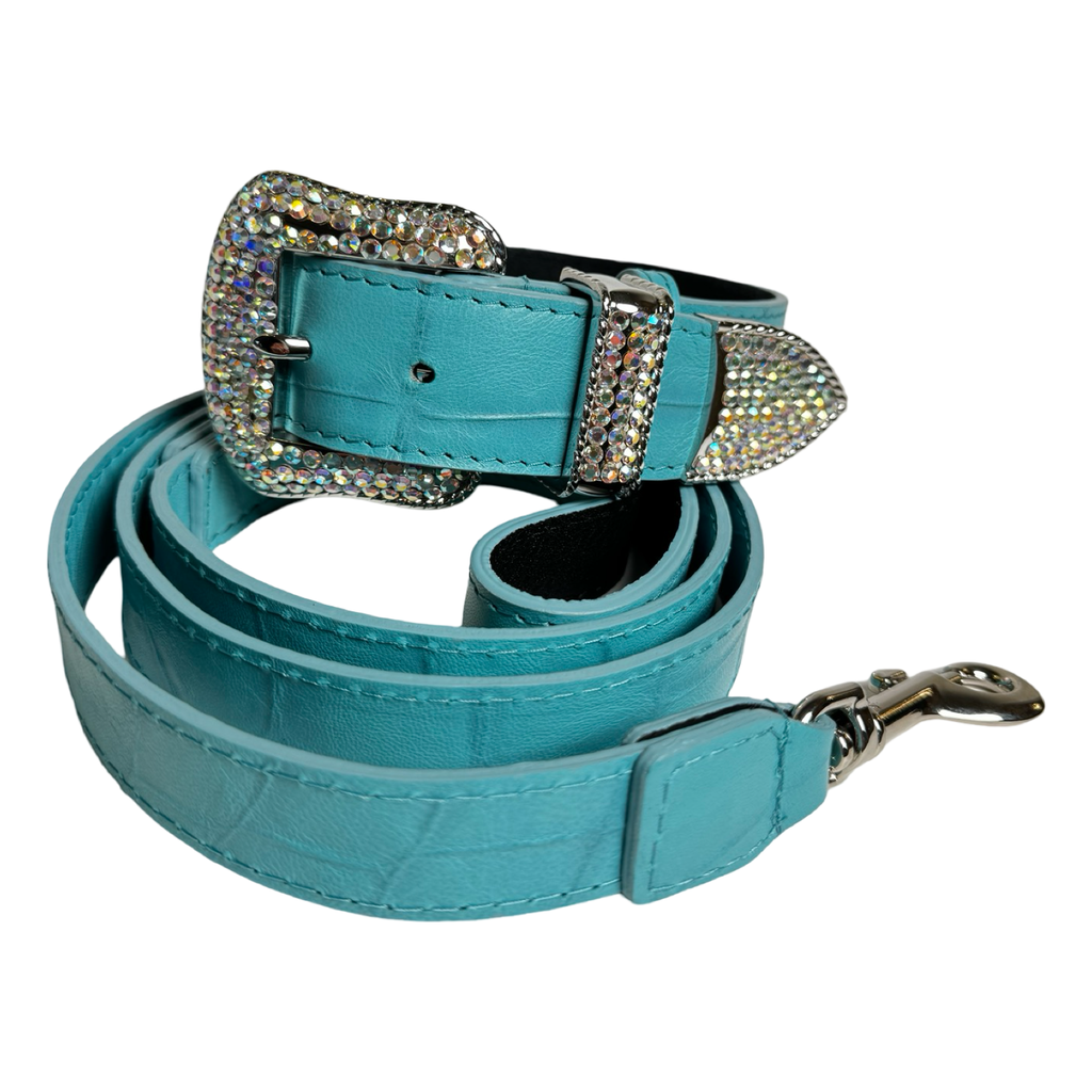 The Tiffany Collection. Gorgeous Turquoise Blue Embossed Croc Italian Leather Collar & Leash Set, With Our Custom Swarovski Crystal Hardware