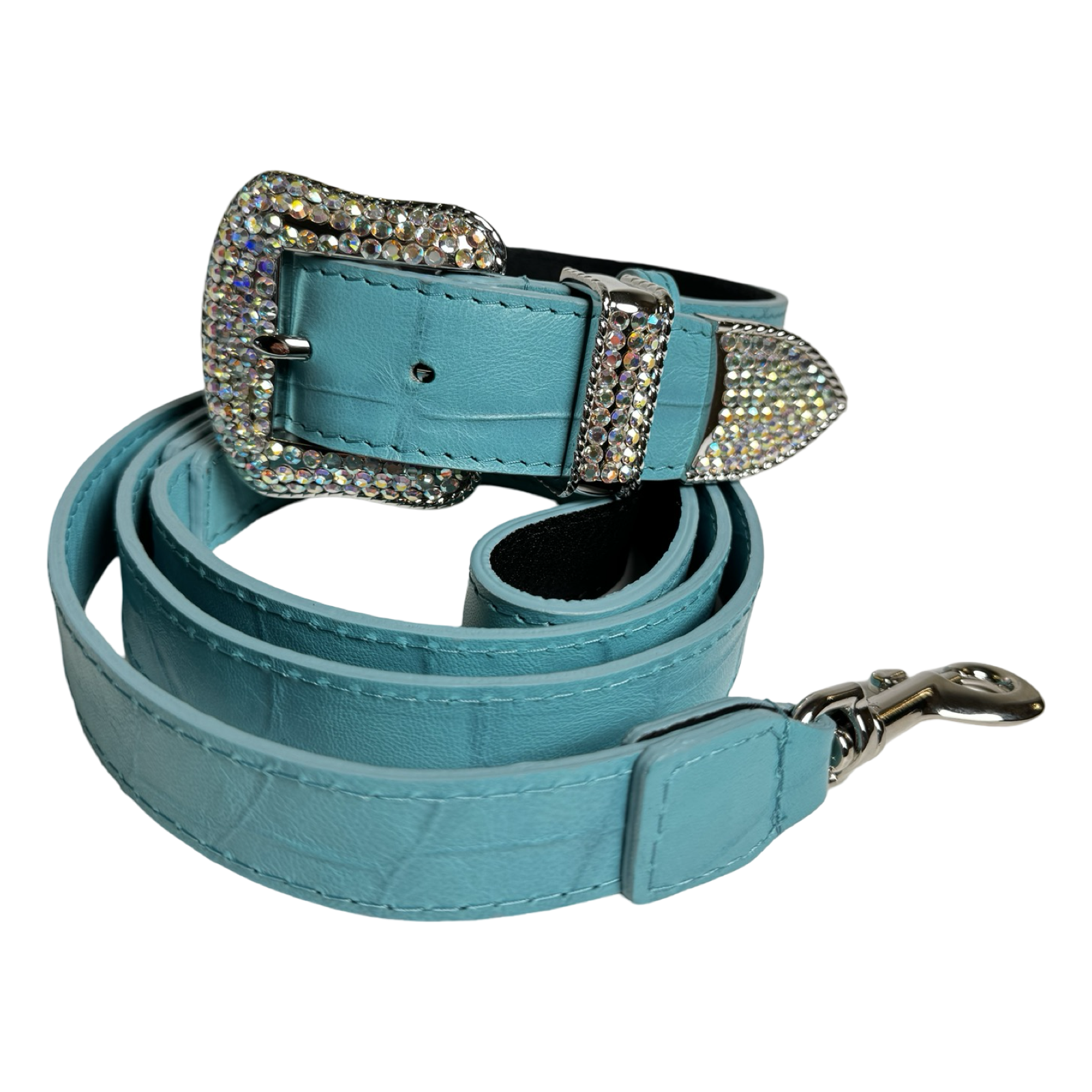 The Tiffany Collection. Gorgeous Turquoise Blue Embossed Croc Italian Leather Collar & Leash Set, With Our Custom Swarovski Crystal Hardware