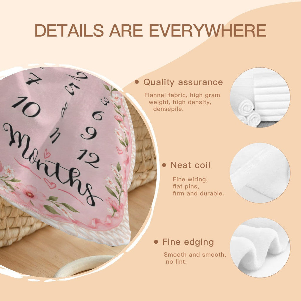 Personalized Baby Milestone Round Blanket with Name - Pink Floral Design with Month Numbers 1-12 and White Ruffle Edge - Baby Girl Gift