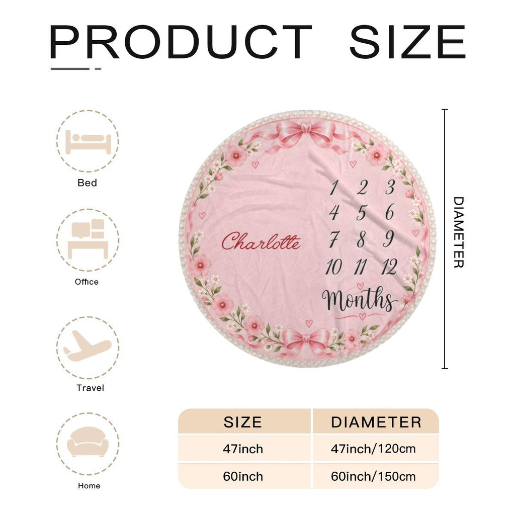 Personalized Baby Milestone Round Blanket with Name - Pink Floral Design with Month Numbers 1-12 and White Ruffle Edge - Baby Girl Gift