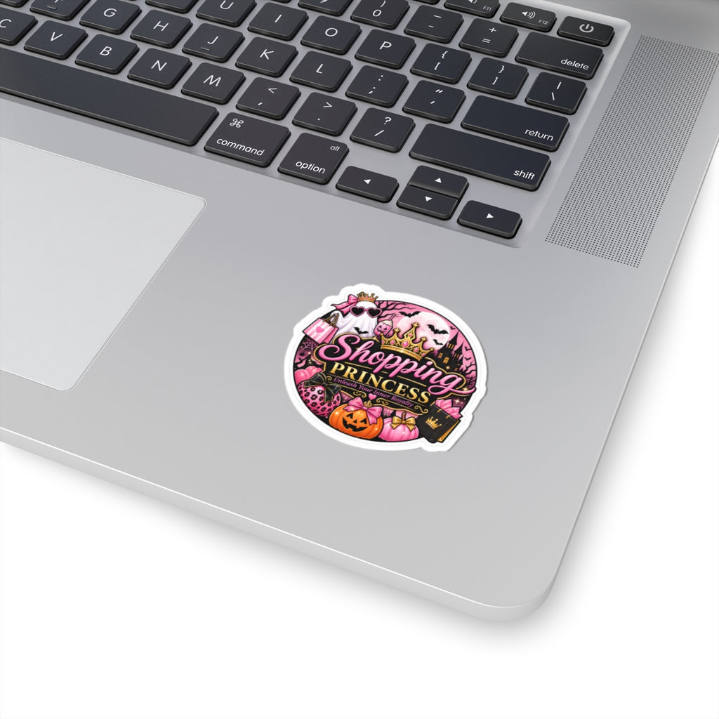 Shopping Princess Kiss-Cut Sticker — Pink Halloween Princess Crown, Pumpkin & 'Unleash Your Inner Royalty'