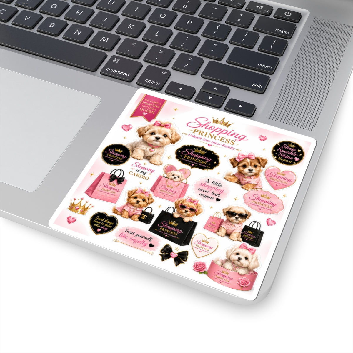 Shopping Princess Kiss-Cut Stickers — Cute Puppy, Hearts & Quotes Sticker Sheet