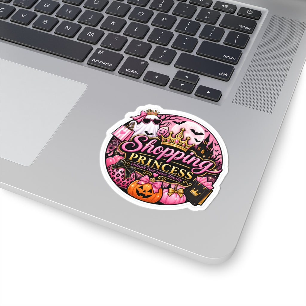 Shopping Princess Kiss-Cut Sticker — Pink Halloween Princess Crown, Pumpkin & 'Unleash Your Inner Royalty'