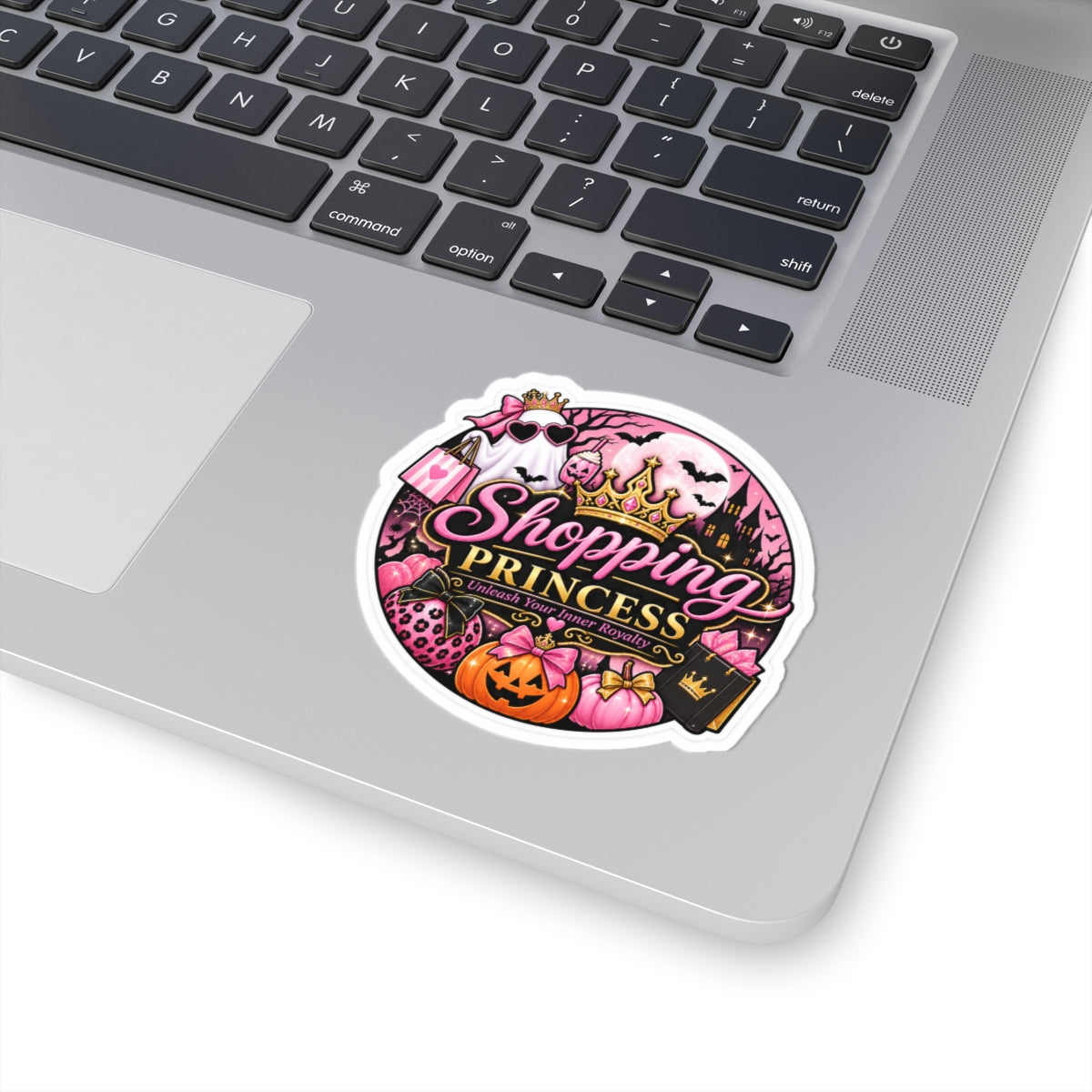 Shopping Princess Kiss-Cut Sticker — Pink Halloween Princess Crown, Pumpkin & 'Unleash Your Inner Royalty'