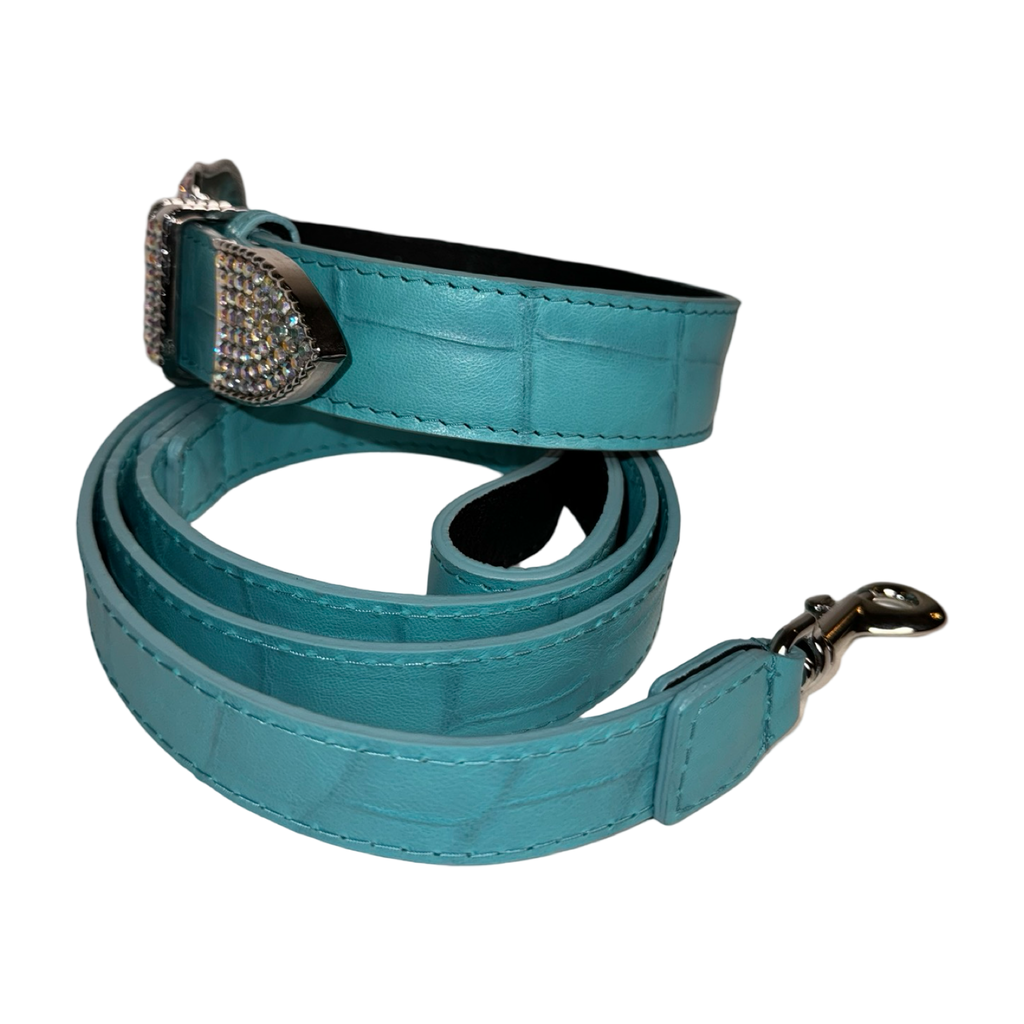 The Tiffany Collection. Gorgeous Turquoise Blue Embossed Croc Italian Leather Collar & Leash Set, With Our Custom Swarovski Crystal Hardware