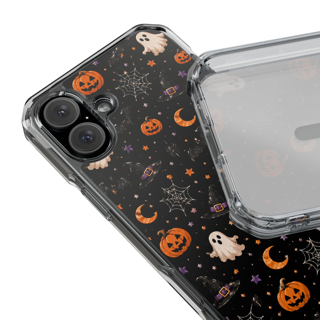 Halloween Pattern Magnetic Clear Phone Case — Ghosts, Pumpkins & Spiders