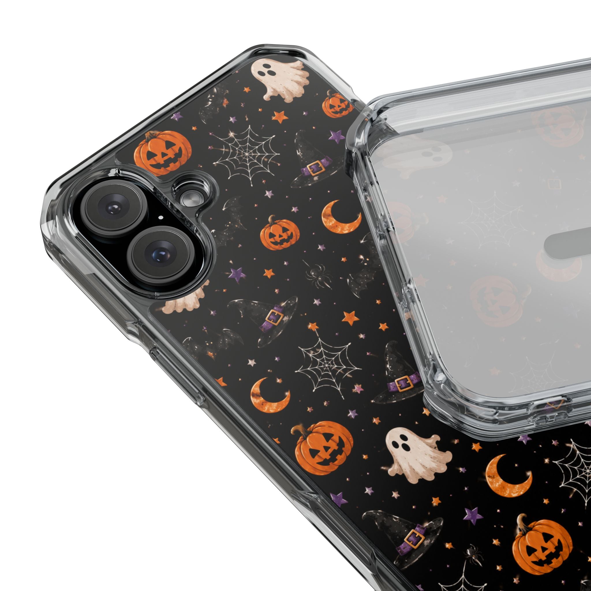 Halloween Pattern Magnetic Clear Phone Case — Ghosts, Pumpkins & Spiders