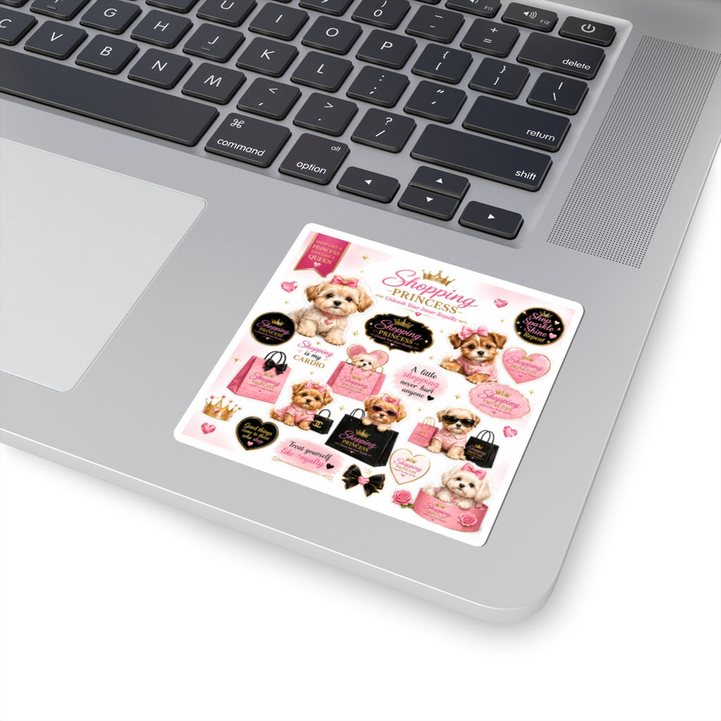 Shopping Princess Kiss-Cut Stickers — Cute Puppy, Hearts & Quotes Sticker Sheet