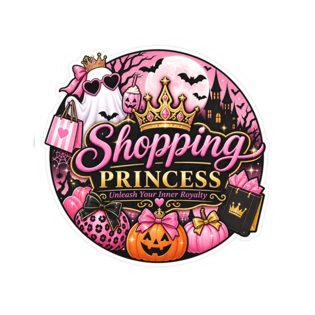 Shopping Princess Kiss-Cut Sticker — Pink Halloween Princess Crown, Pumpkin & 'Unleash Your Inner Royalty'