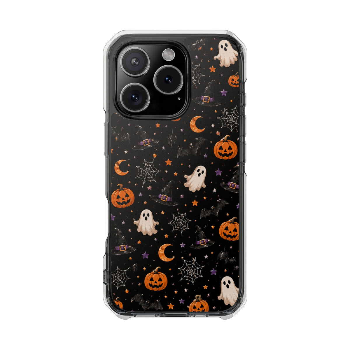 Halloween Pattern Magnetic Clear Phone Case — Ghosts, Pumpkins & Spiders