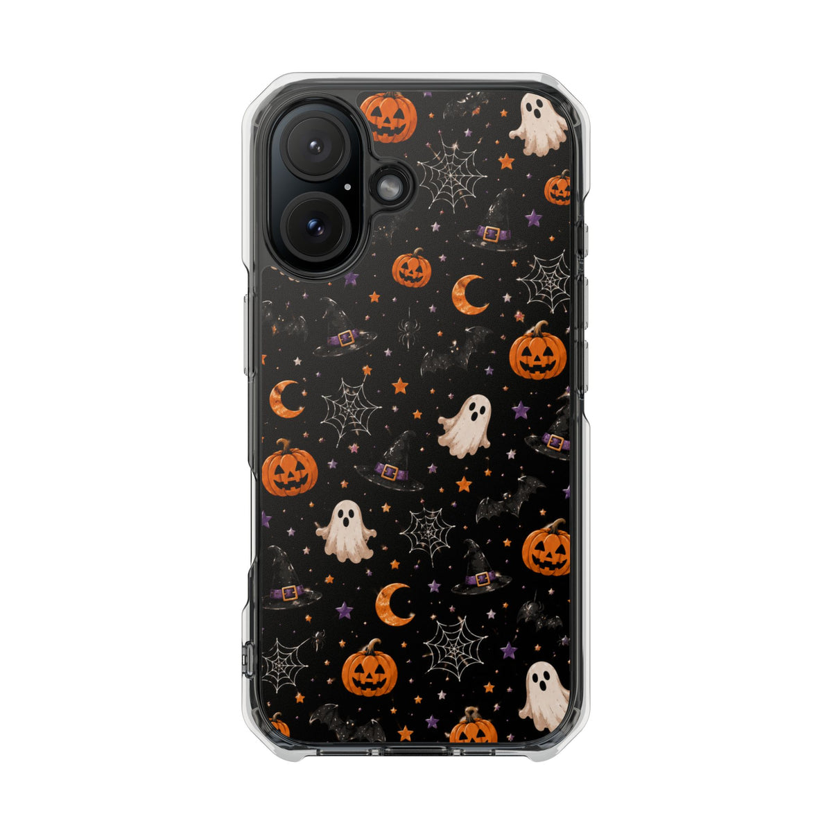 Halloween Pattern Magnetic Clear Phone Case — Ghosts, Pumpkins & Spiders