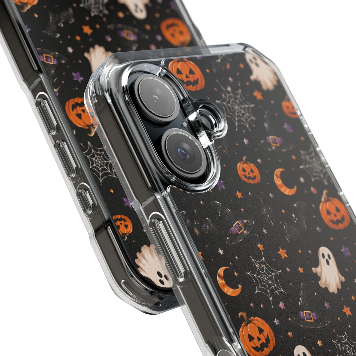 Halloween Pattern Magnetic Clear Phone Case — Ghosts, Pumpkins & Spiders