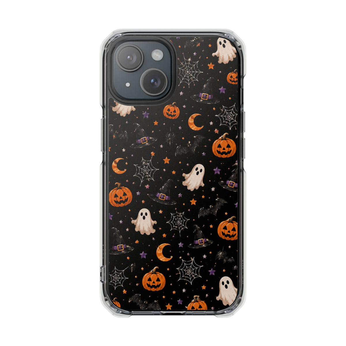 Halloween Pattern Magnetic Clear Phone Case — Ghosts, Pumpkins & Spiders