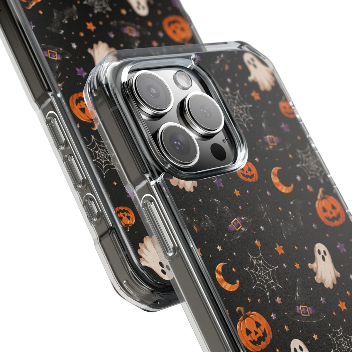 Halloween Pattern Magnetic Clear Phone Case — Ghosts, Pumpkins & Spiders