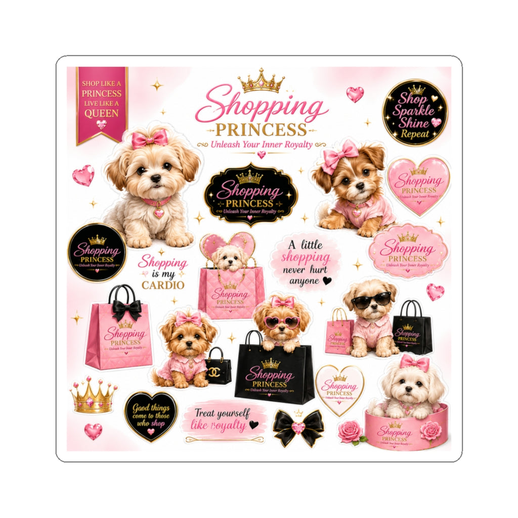 Shopping Princess Kiss-Cut Stickers — Cute Puppy, Hearts & Quotes Sticker Sheet