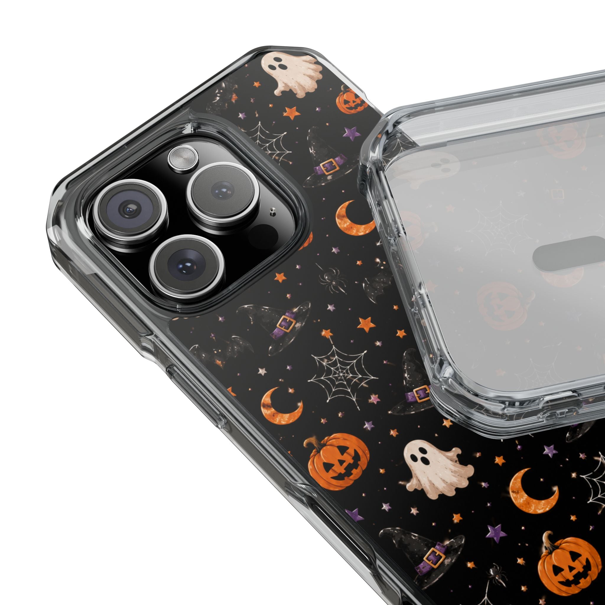 Halloween Pattern Magnetic Clear Phone Case — Ghosts, Pumpkins & Spiders