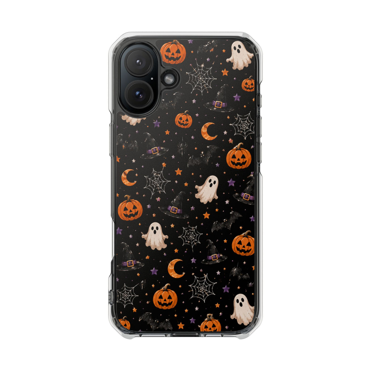 Halloween Pattern Magnetic Clear Phone Case — Ghosts, Pumpkins & Spiders
